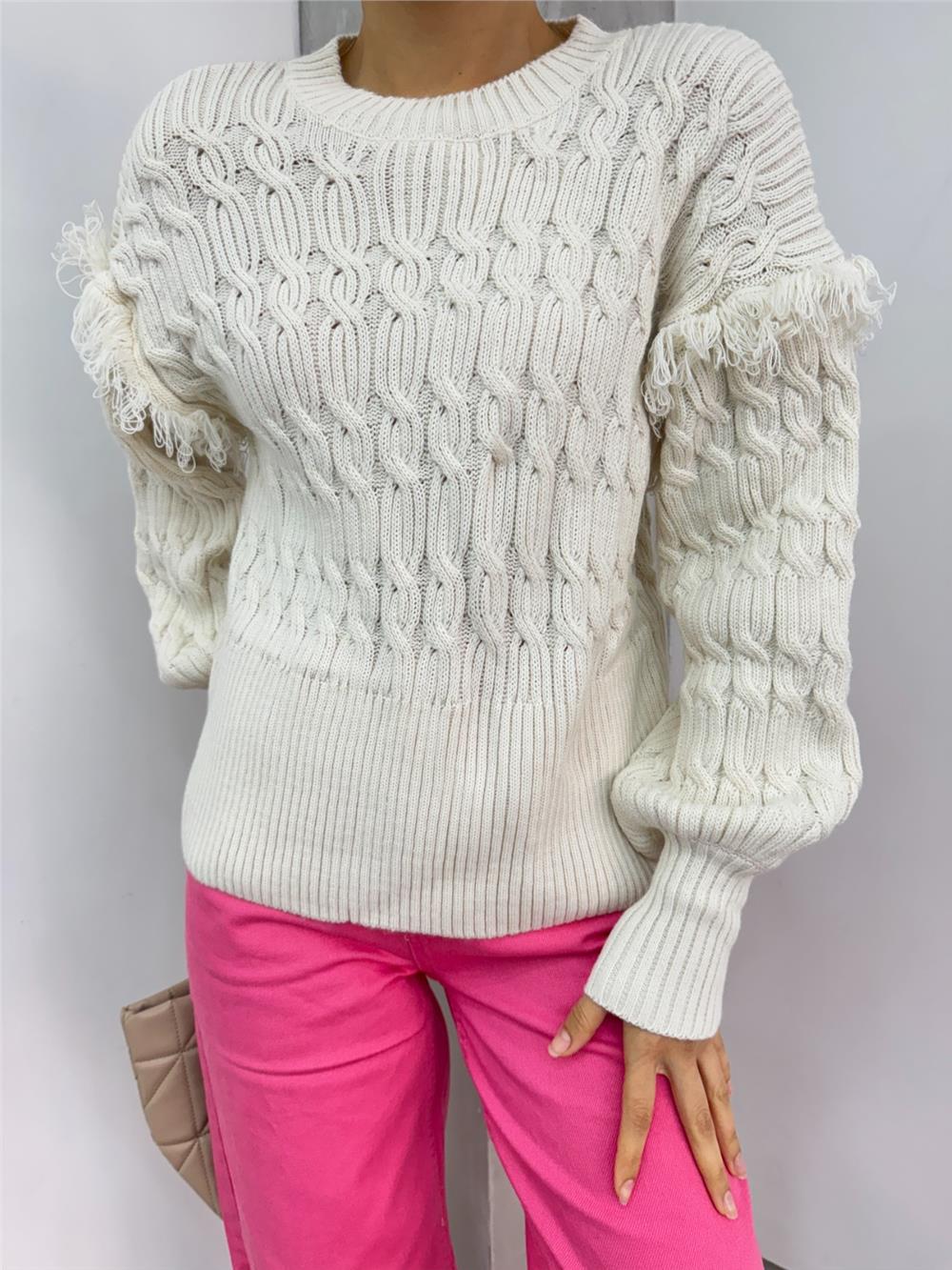 Balloon Sleeve Tassel Knitwear Sweater - Stone-351-5244-R43