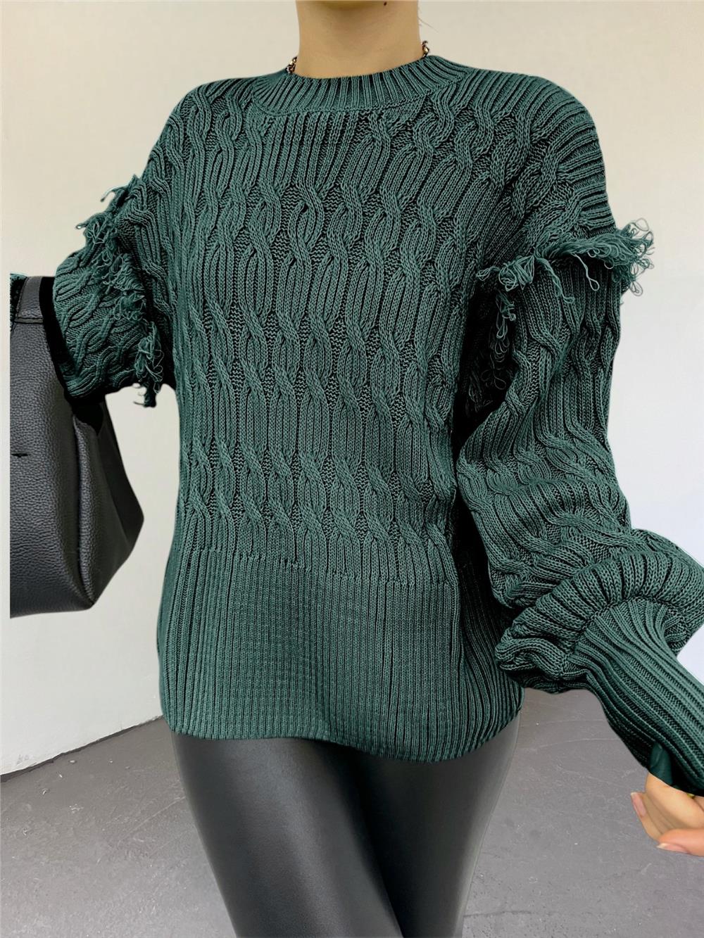 Balloon Sleeve Tassel Knitwear Sweater - Emerald-351-5244-R17