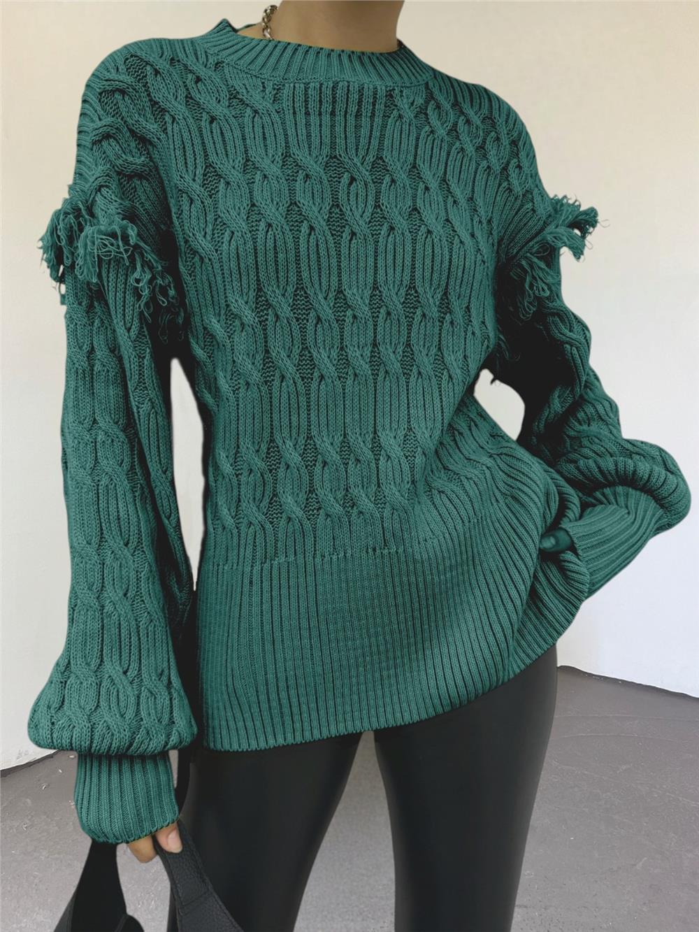 Balloon Sleeve Tassel Knitwear Sweater - Emerald-351-5244-R17