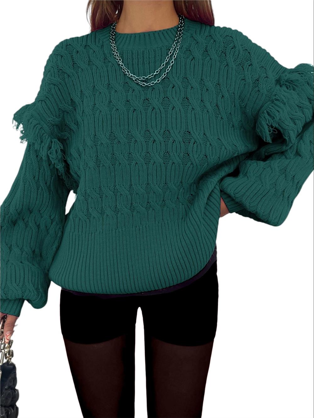 Balloon Sleeve Tassel Knitwear Sweater - Emerald-351-5244-R17