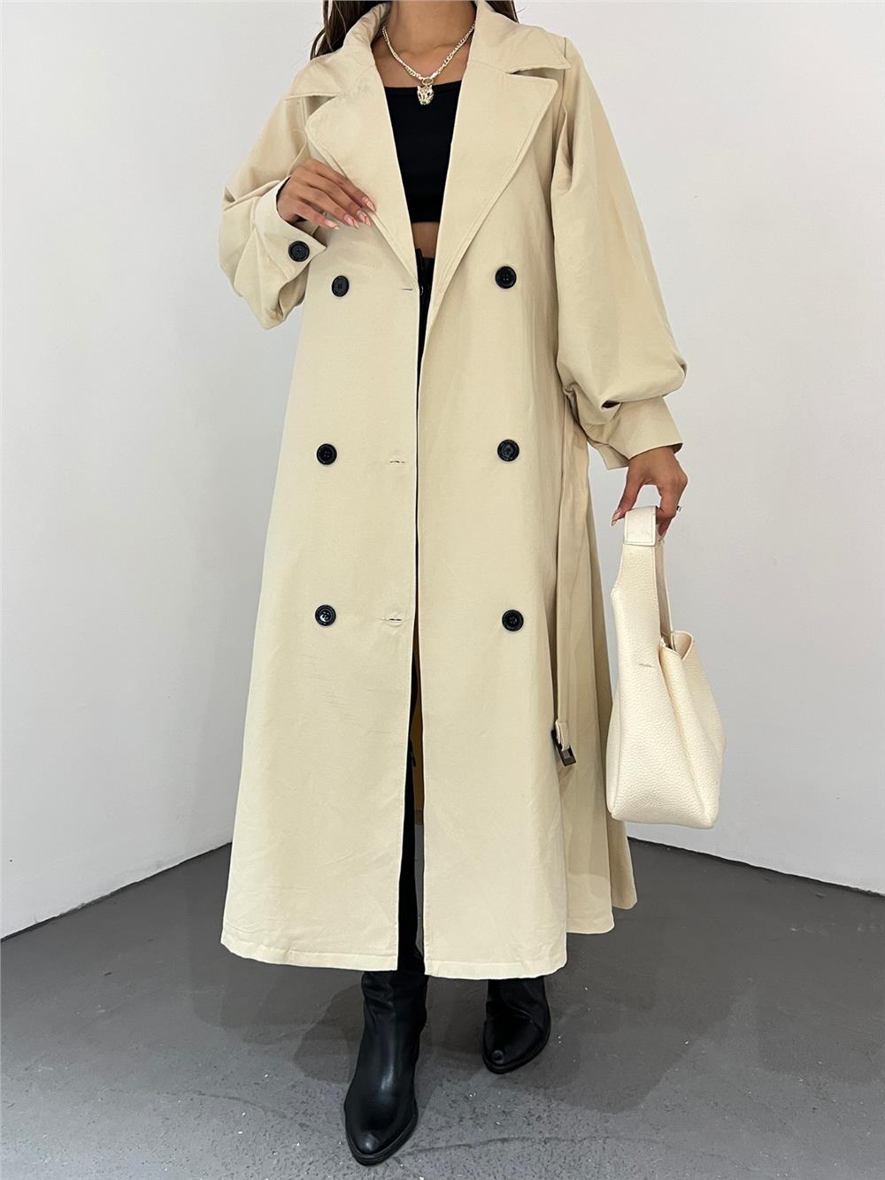 Balloon Sleeve Buckle Belted Trench Coat with Side Pockets -Beige-223-6131-R56