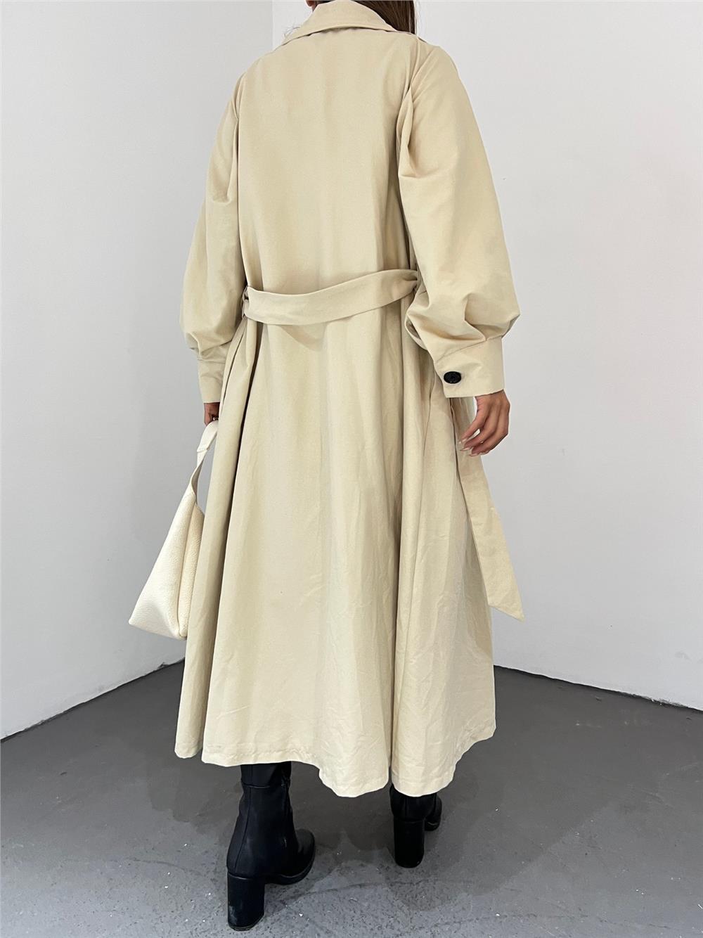 Balloon Sleeve Buckle Belted Trench Coat with Side Pockets -Beige-223-6131-R56
