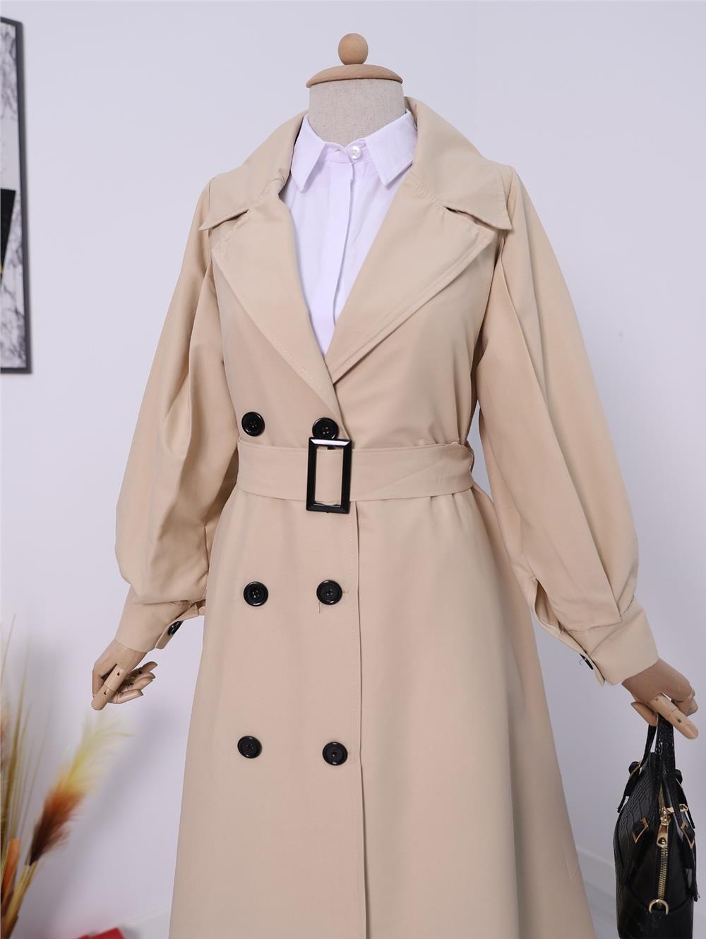Balloon Sleeve Buckle Belted Trench Coat with Side Pockets -Beige-223-6131-R56