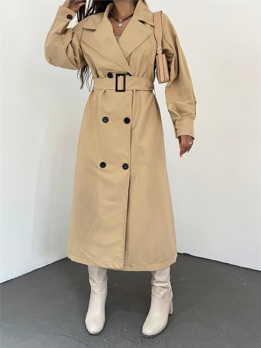 Balloon Sleeve Buckle Belted Trench Coat with Side Pockets -Mink-223-6131-R23
