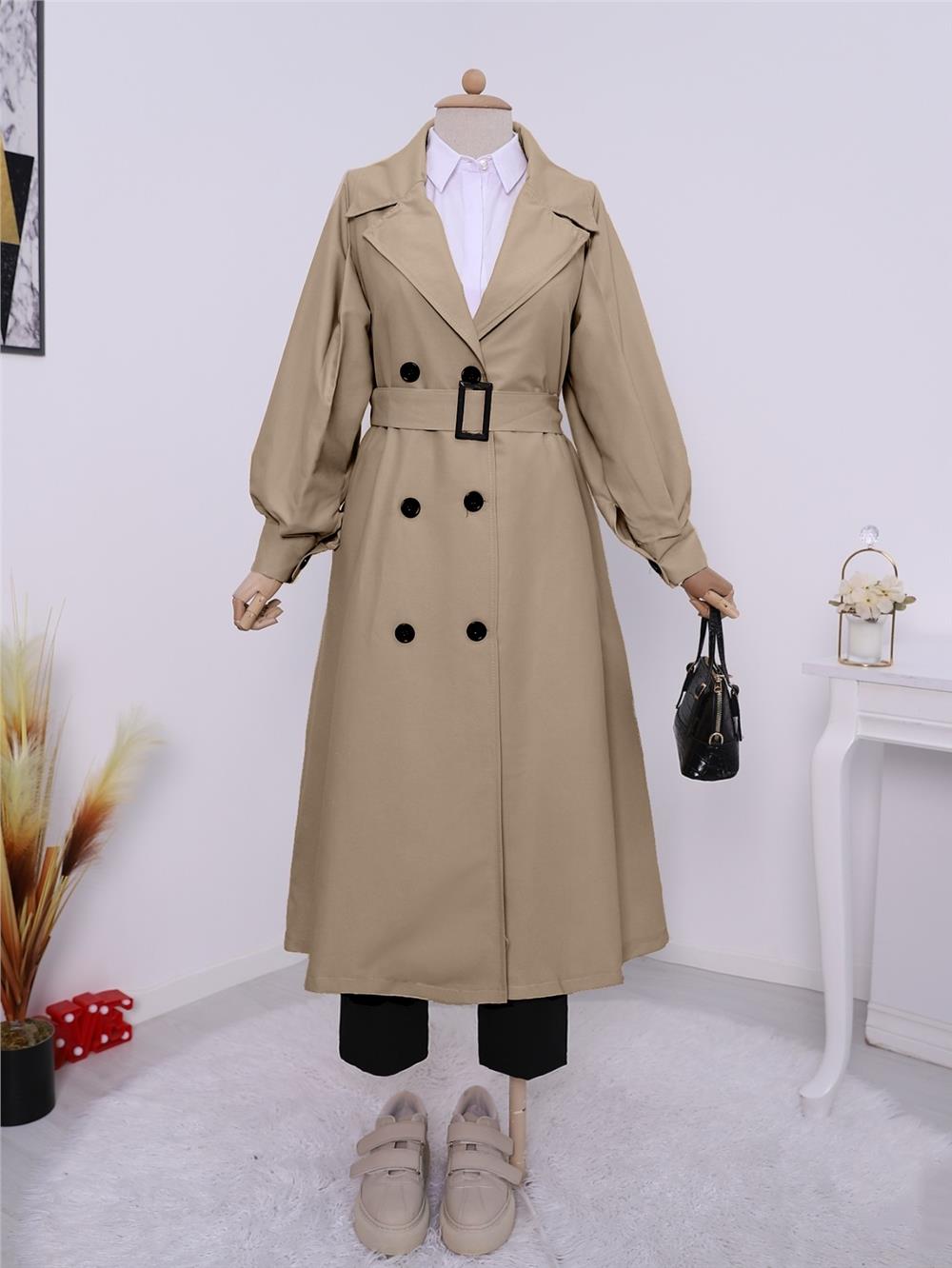 Balloon Sleeve Buckle Belted Trench Coat with Side Pockets -Mink-223-6131-R23
