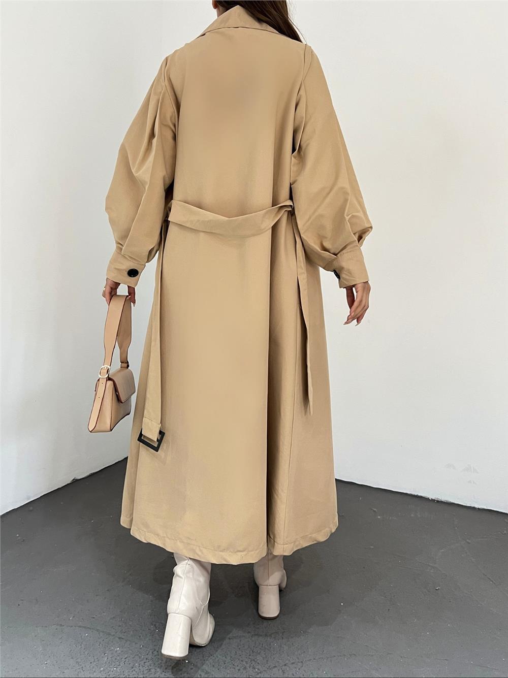 Balloon Sleeve Buckle Belted Trench Coat with Side Pockets -Mink-223-6131-R23