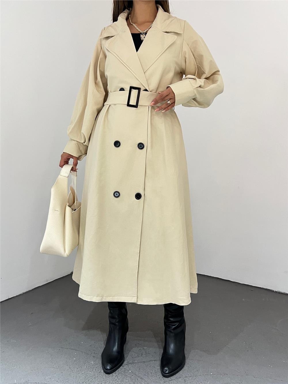 Balloon Sleeve Buckle Belted Trench Coat with Side Pockets -Beige-223-6131-R56