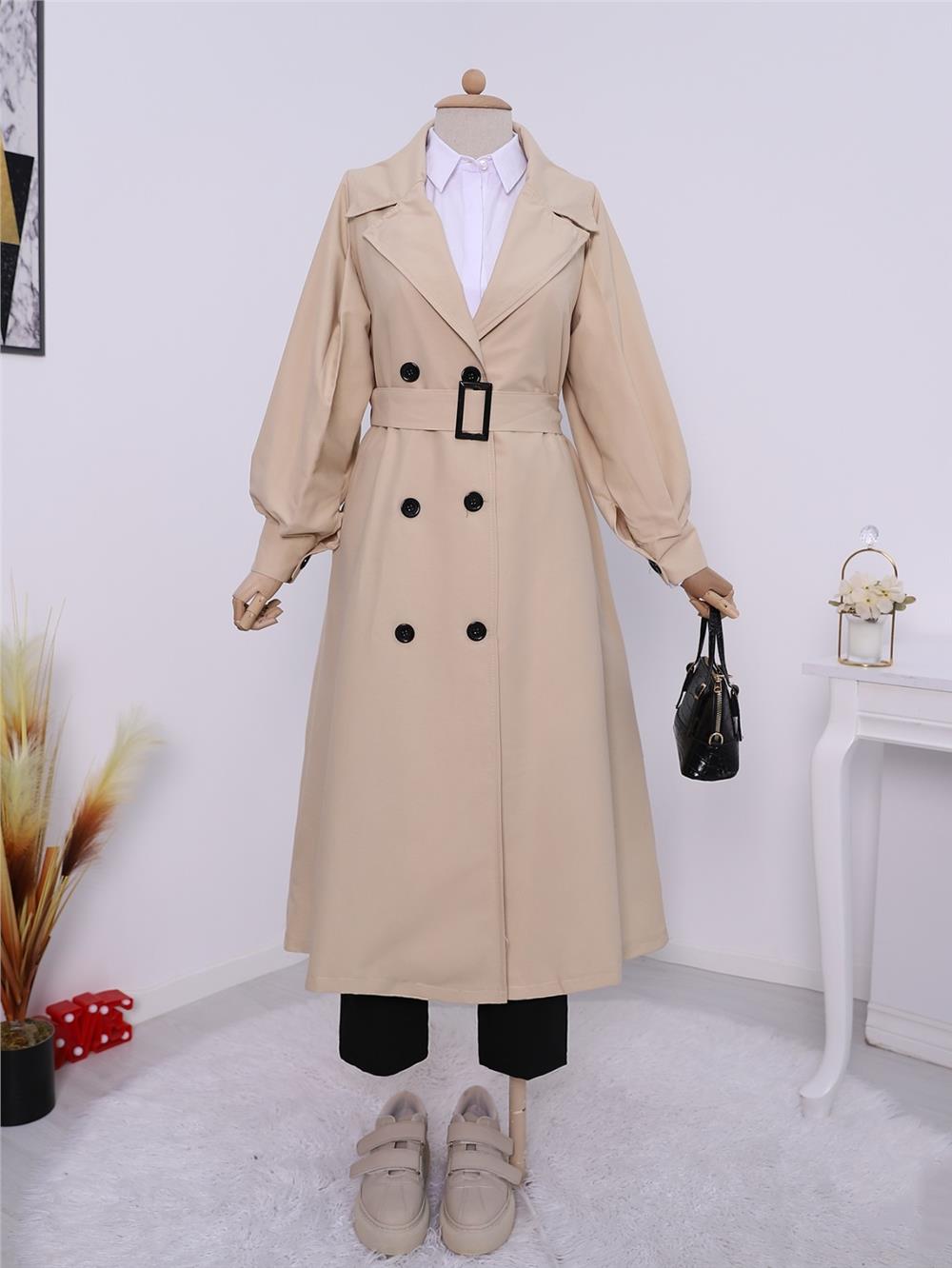 Balloon Sleeve Buckle Belted Trench Coat with Side Pockets -Beige-223-6131-R56