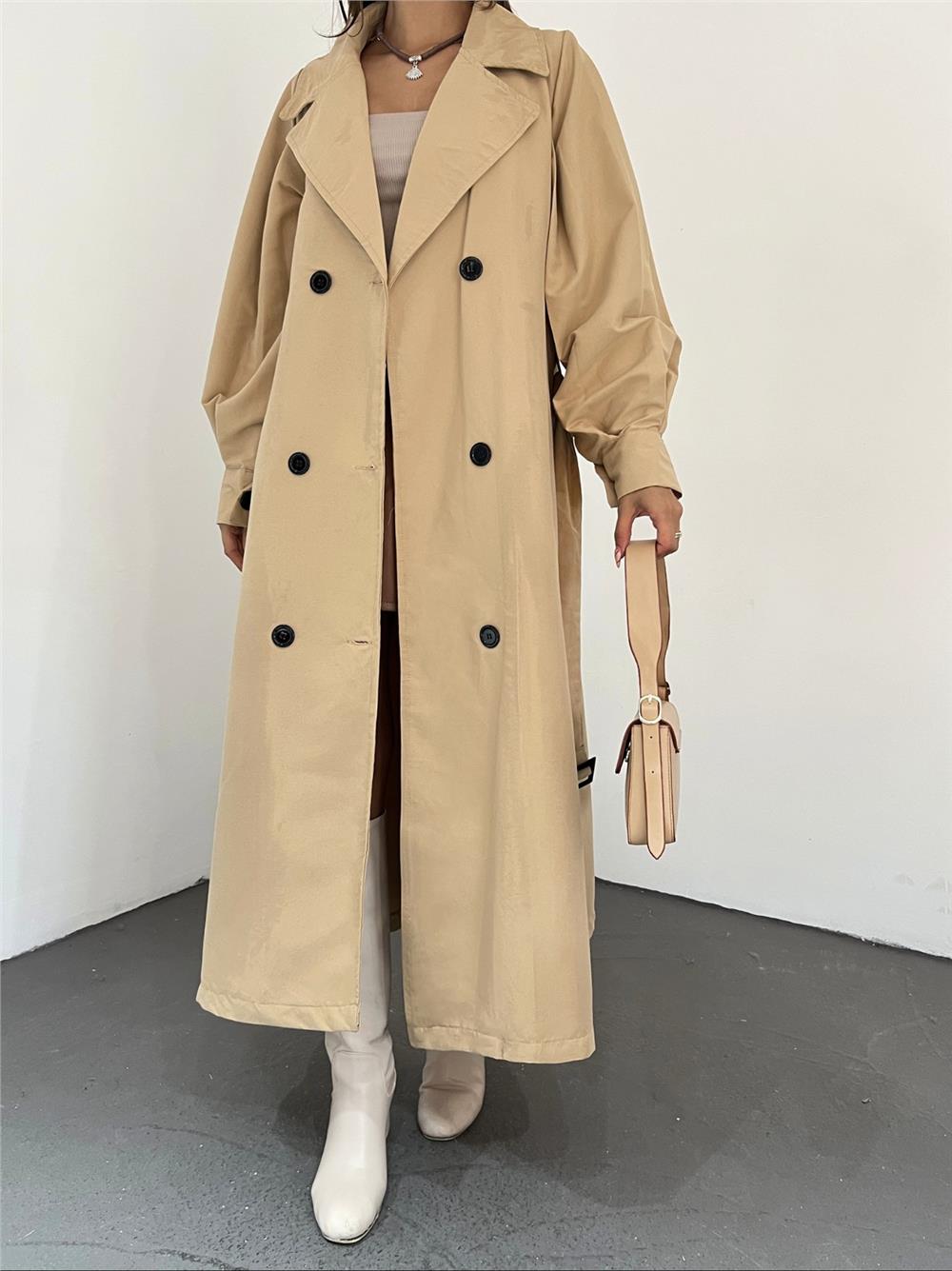 Balloon Sleeve Buckle Belted Trench Coat with Side Pockets -Mink-223-6131-R23