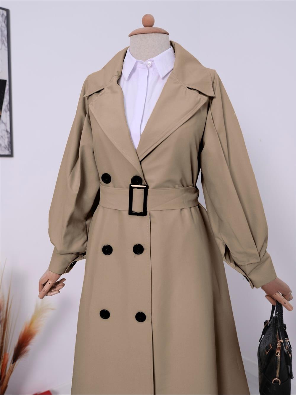 Balloon Sleeve Buckle Belted Trench Coat with Side Pockets -Mink-223-6131-R23