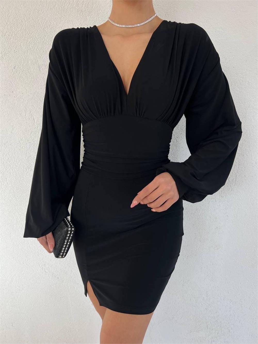 Balloon Sleeve V-Neck Slit Sendy Dress -Black-358-10164-R01