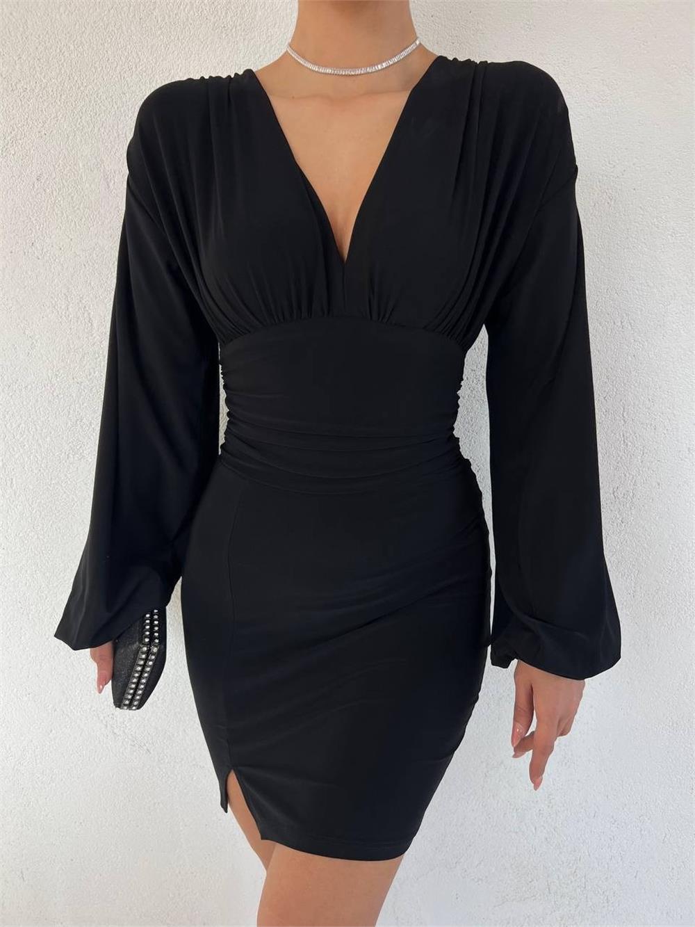Balloon Sleeve V-Neck Slit Sendy Dress -Black-358-10164-R01