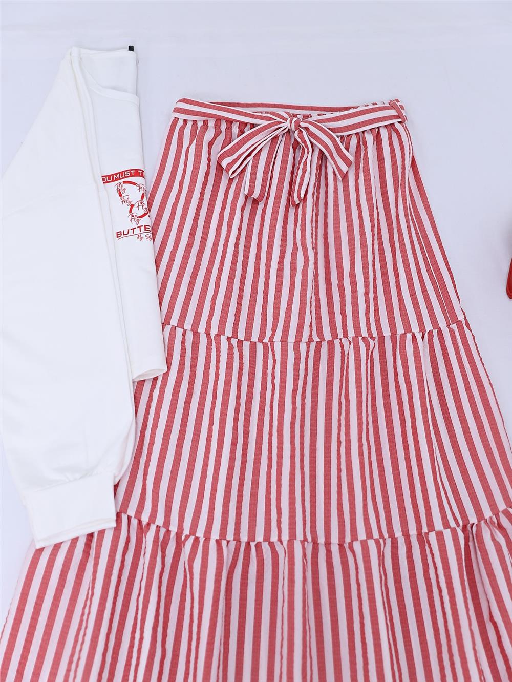 Baskılı Sweet Eteği Çizgili Kuşaklı Takım  -Kırmızı-207-1550Ç-R33