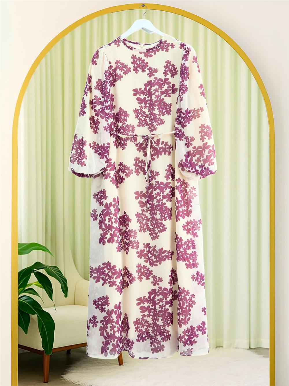 Batik Printed Lined Chiffon Dress -Purple-386-6099-R34