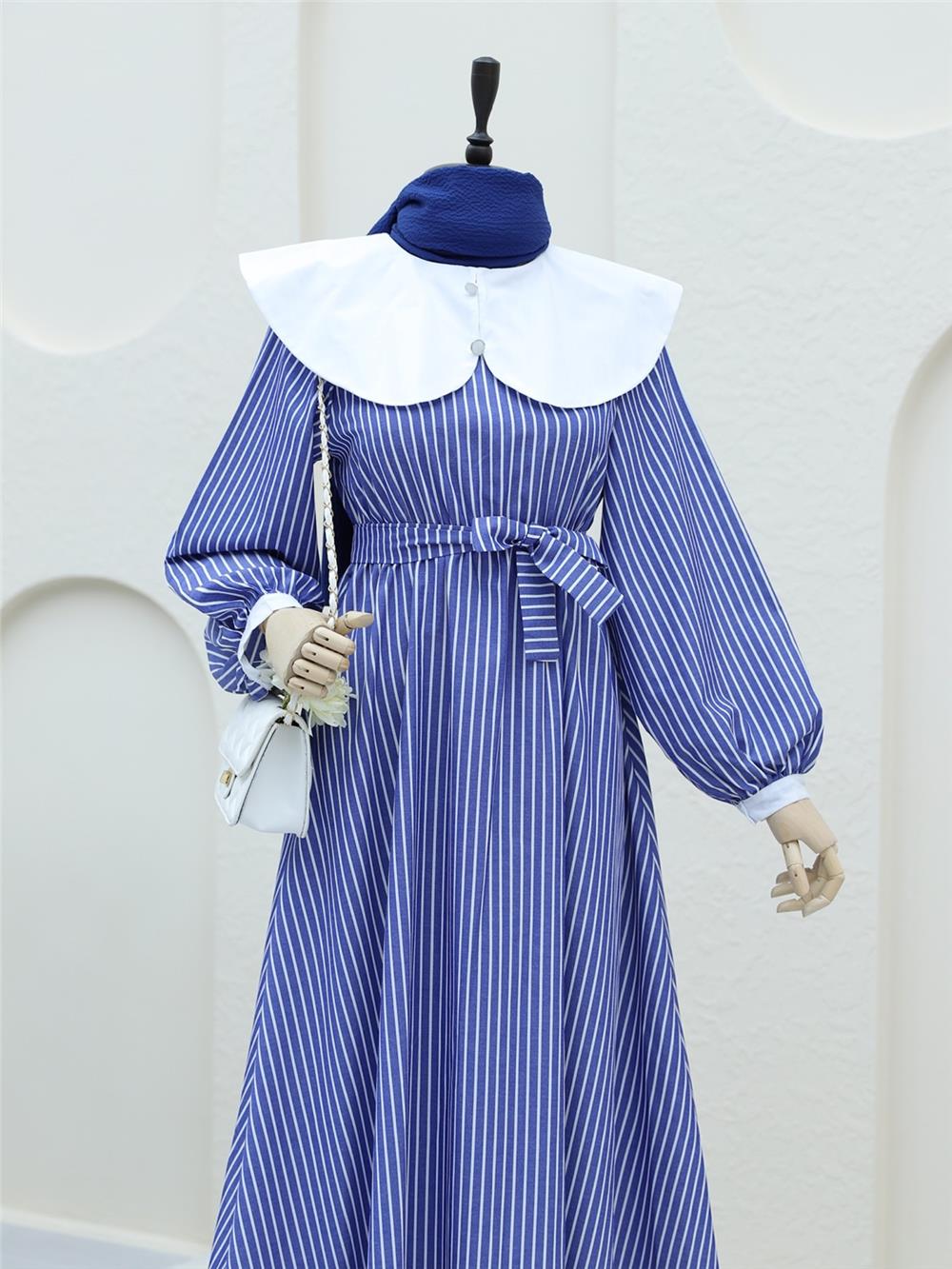 Baby Neck Striped Long Dress with Elastic Waist - Navy Blue-253-12920-R03