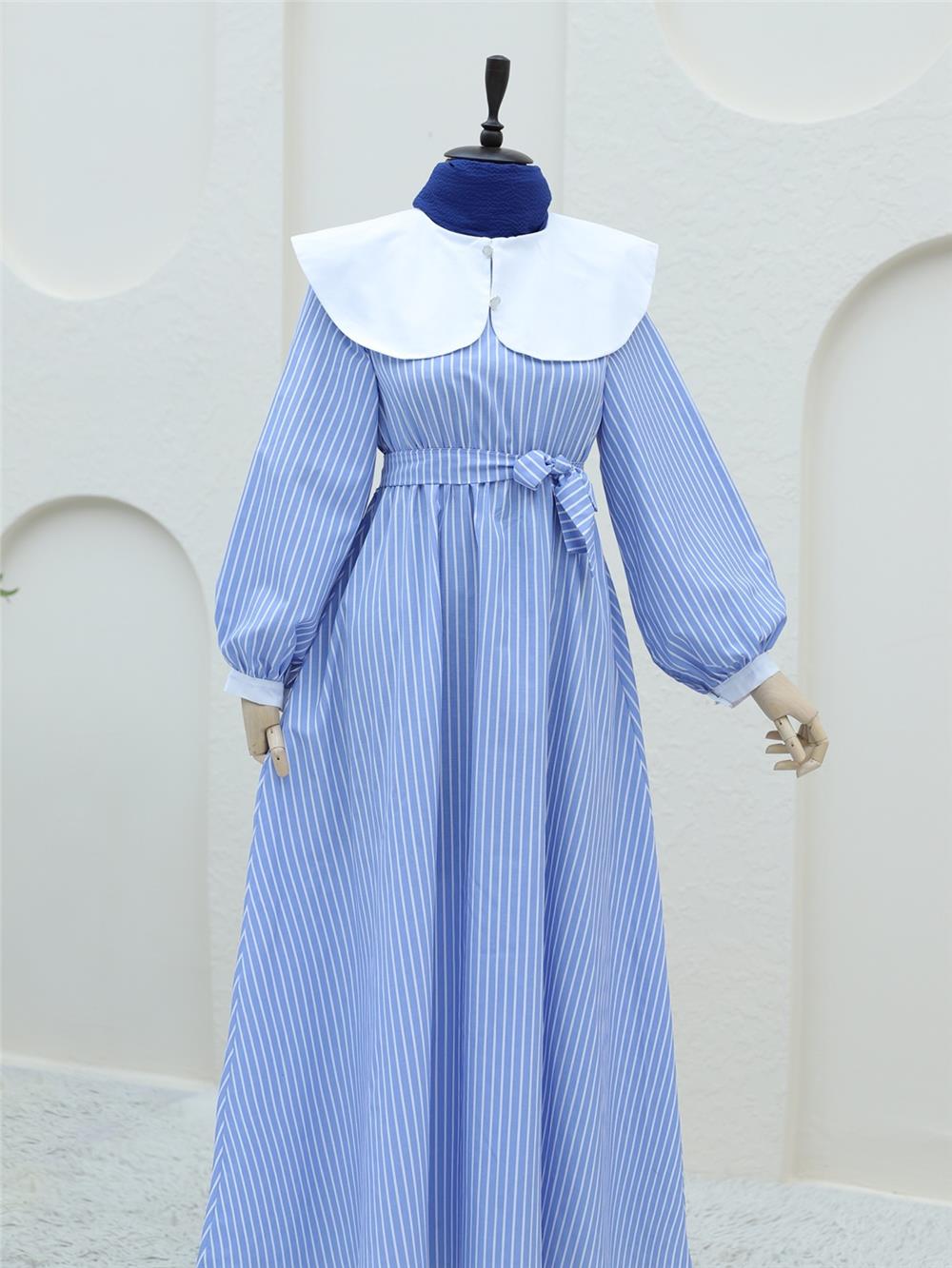 Baby Neck Striped Long Dress with Elastic Waist - Blue-253-12920-R31