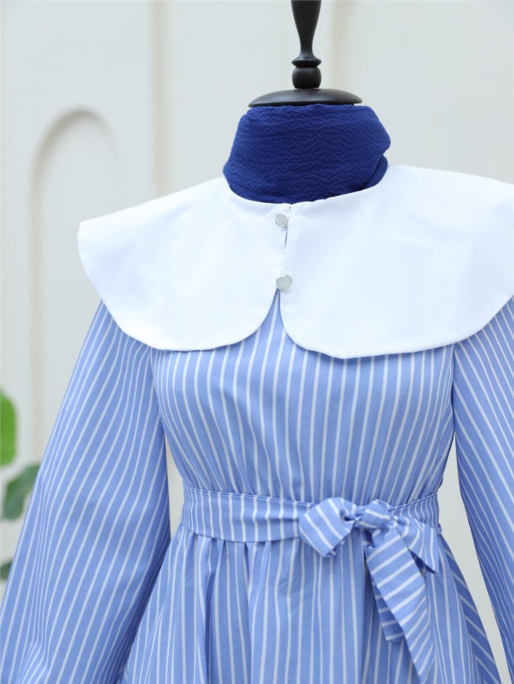 Baby Neck Striped Long Dress with Elastic Waist - Blue-253-12920-R31