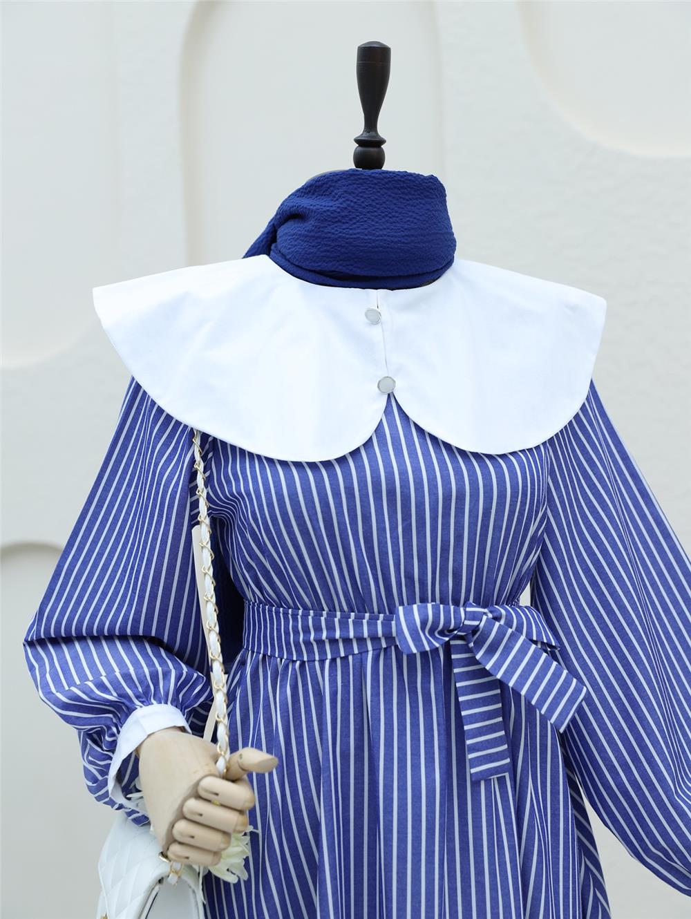 Baby Neck Striped Long Dress with Elastic Waist - Navy Blue-253-12920-R03
