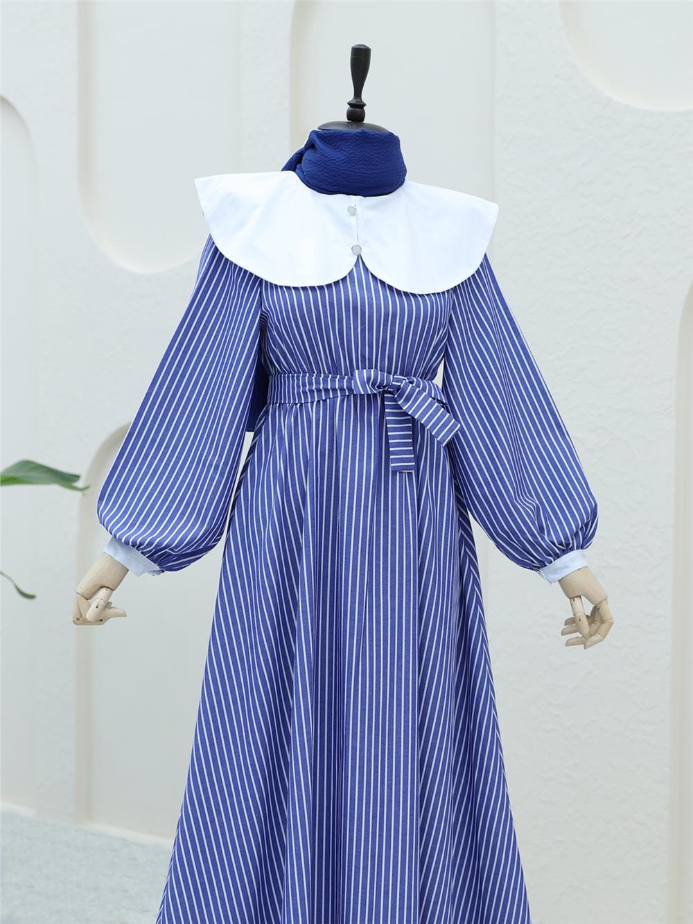 Baby Neck Striped Long Dress with Elastic Waist - Navy Blue-253-12920-R03