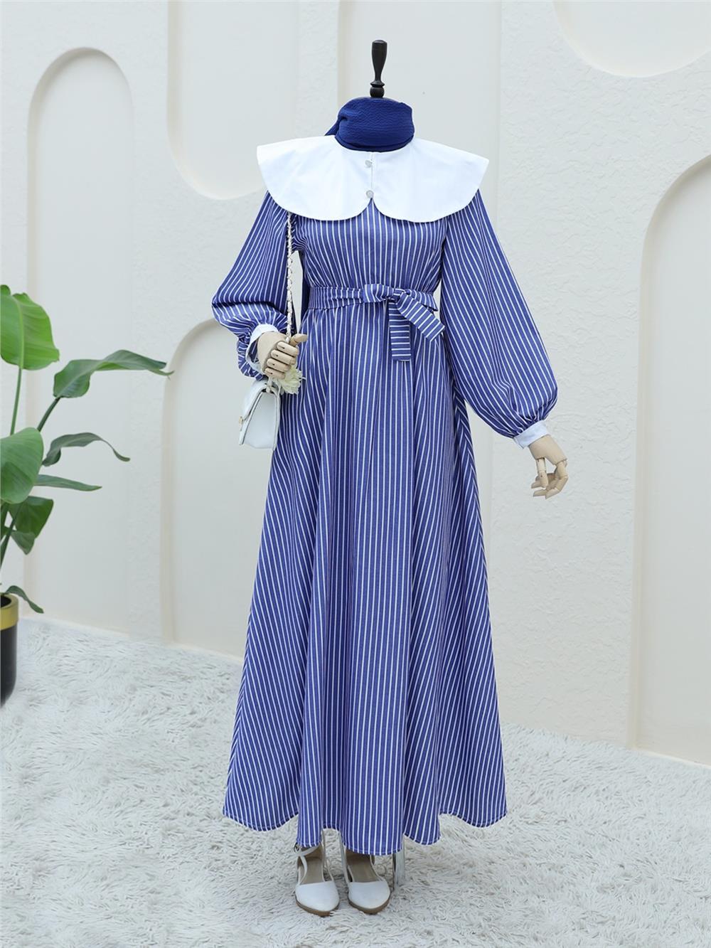 Baby Neck Striped Long Dress with Elastic Waist - Navy Blue-253-12920-R03