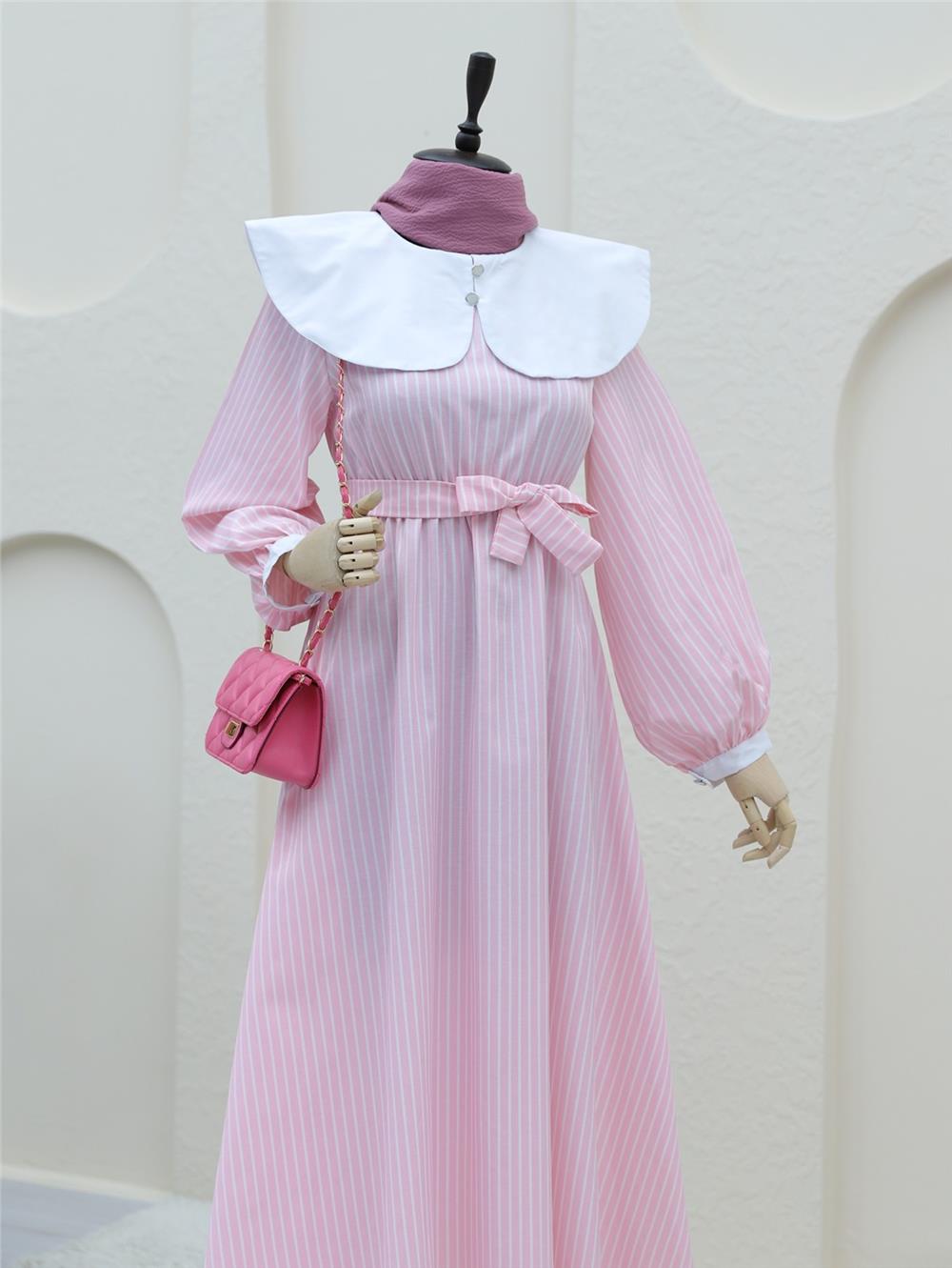 Baby Collar Striped Long Dress with Elastic Waist -Pink-253-12920-R20