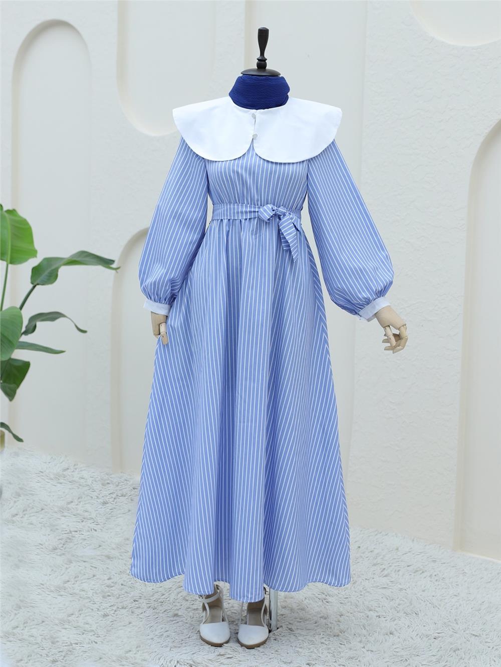 Baby Neck Striped Long Dress with Elastic Waist - Blue-253-12920-R31