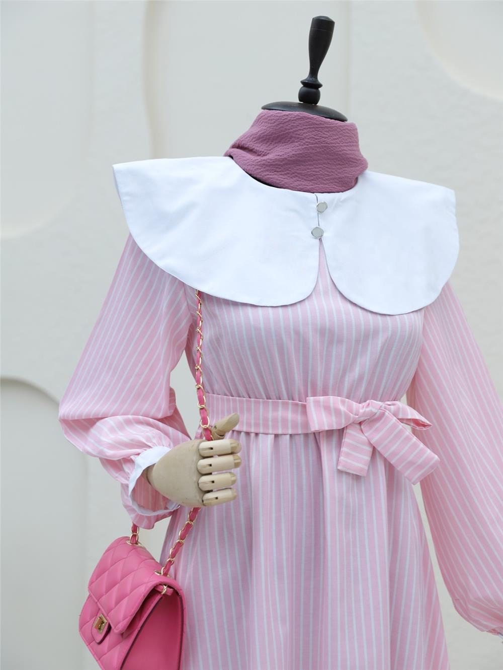 Baby Collar Striped Long Dress with Elastic Waist -Pink-253-12920-R20