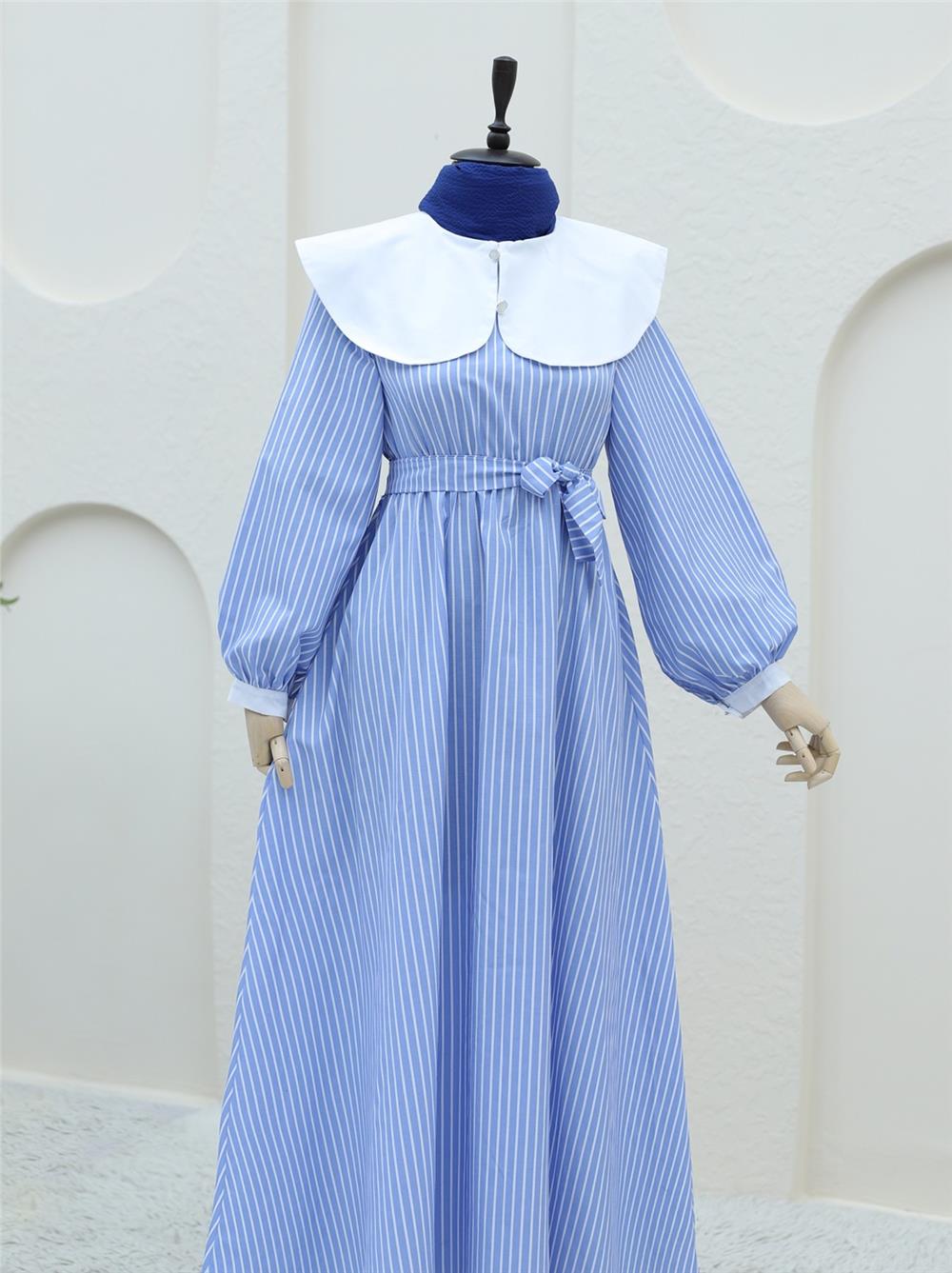 Baby Neck Striped Long Dress with Elastic Waist - Blue-253-12920-R31