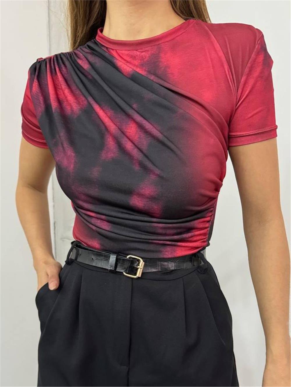 Waist Shoulder Gathered Batik Print Sendy Blouse -Red-358-12303-R33