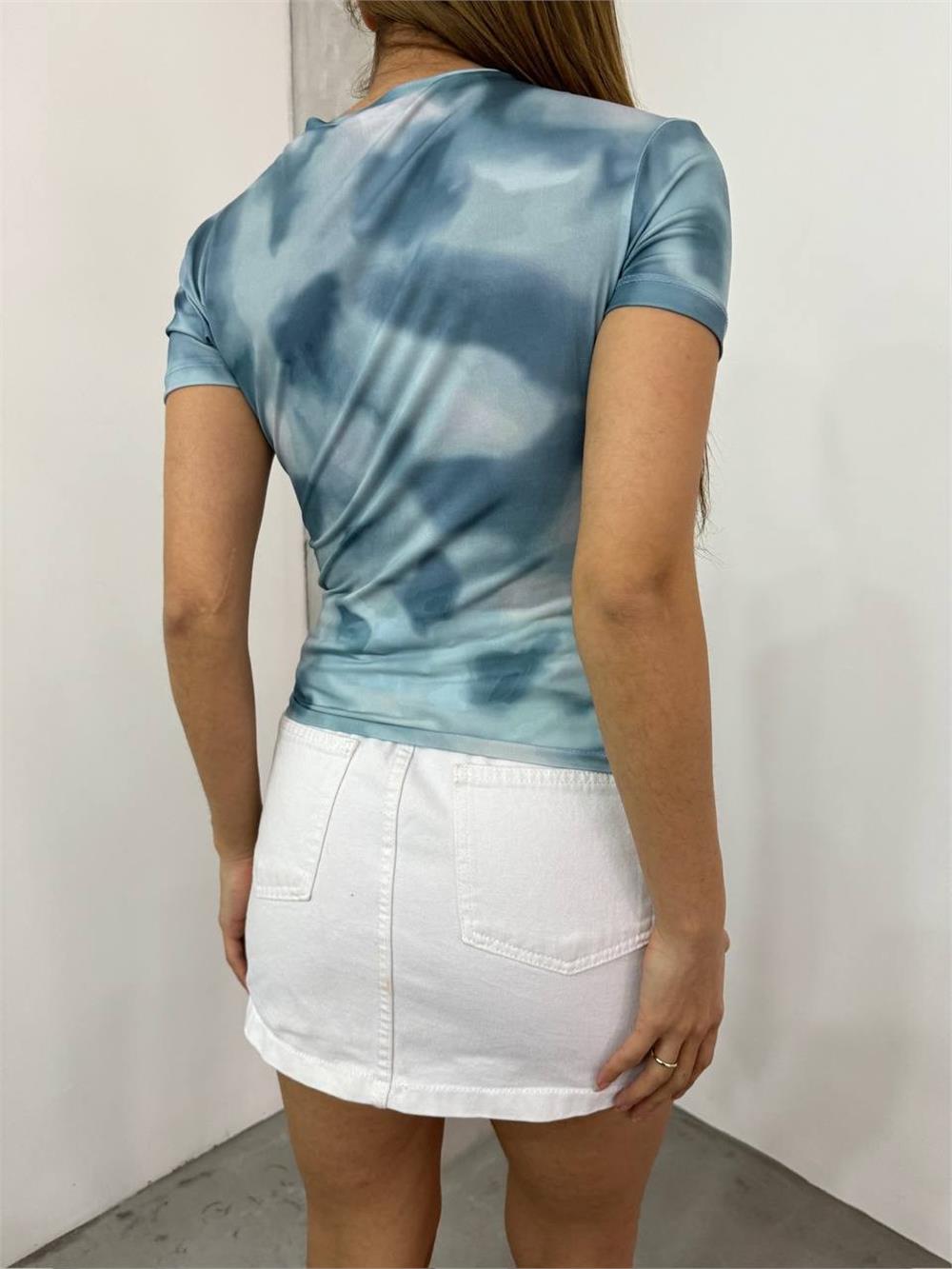 Waist Shoulder Gathered Batik Print Sendy Blouse -Light Blue-358-12303-R25