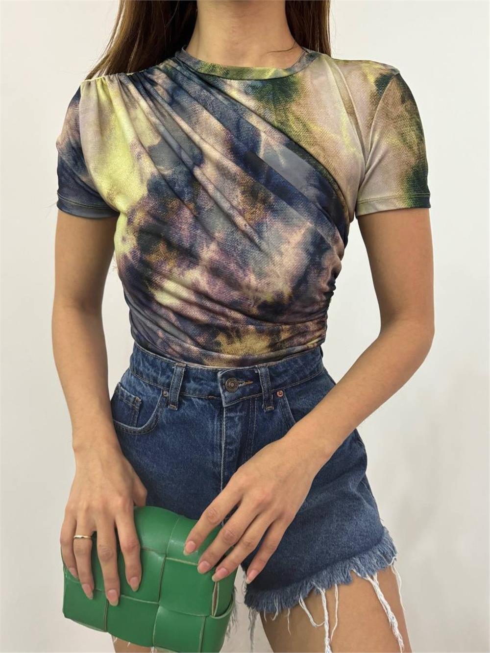 Waist Shoulder Gathered Batik Print Sendy Blouse -Green-358-12303-R35