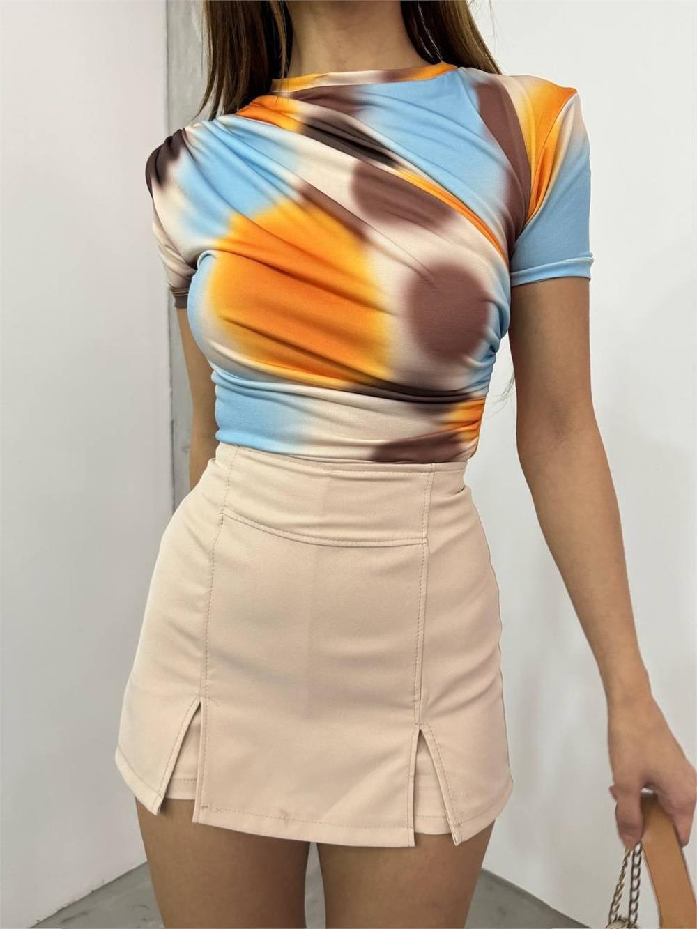Waist Shoulder Gathered Batik Print Sendy Blouse - Apricot Color-358-12303-R60