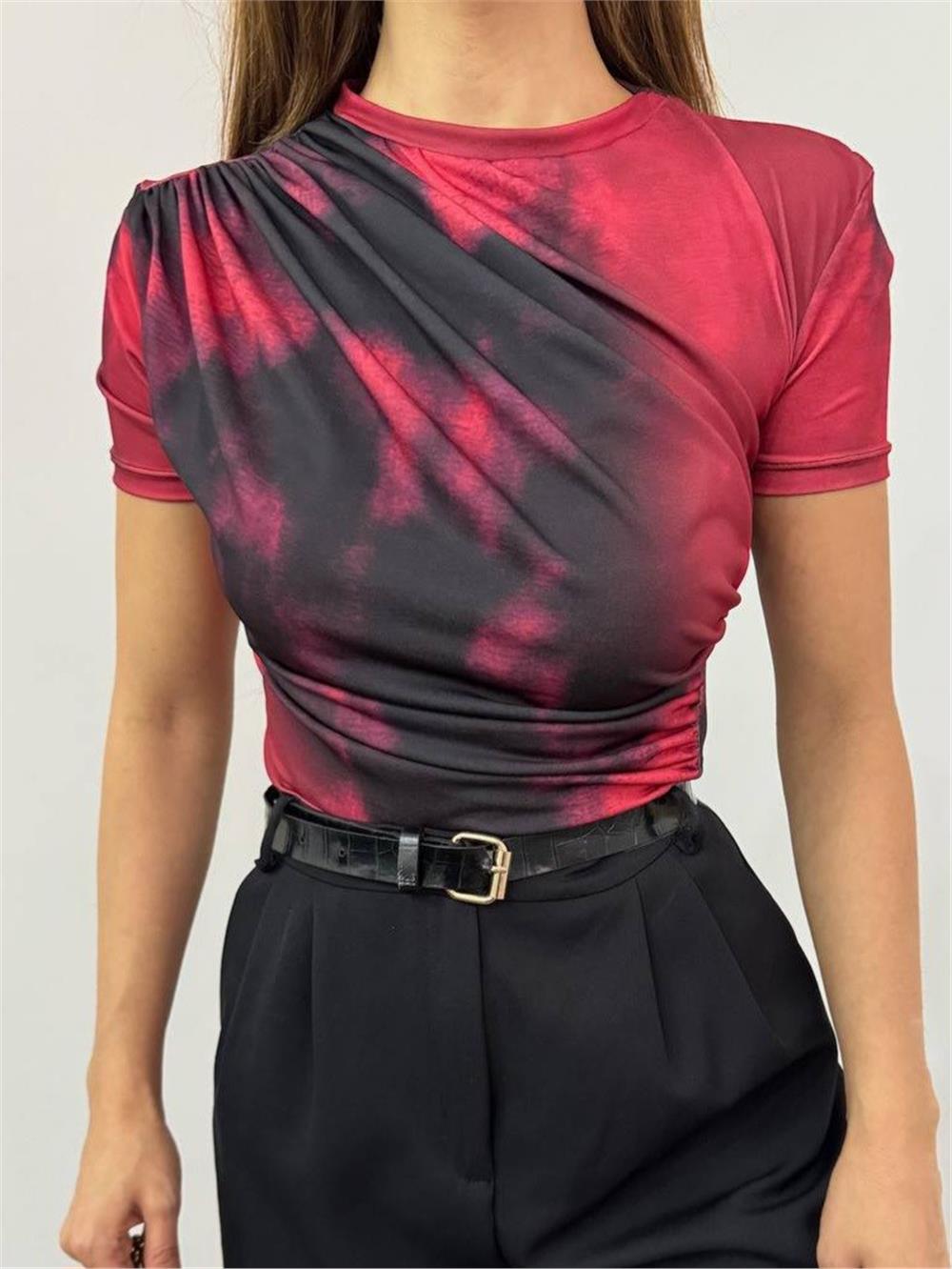 Waist Shoulder Gathered Batik Print Sendy Blouse -Red-358-12303-R33