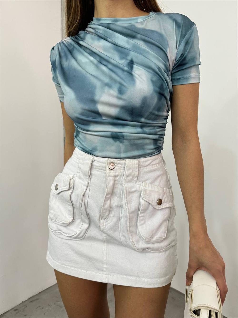 Waist Shoulder Gathered Batik Print Sendy Blouse -Light Blue-358-12303-R25