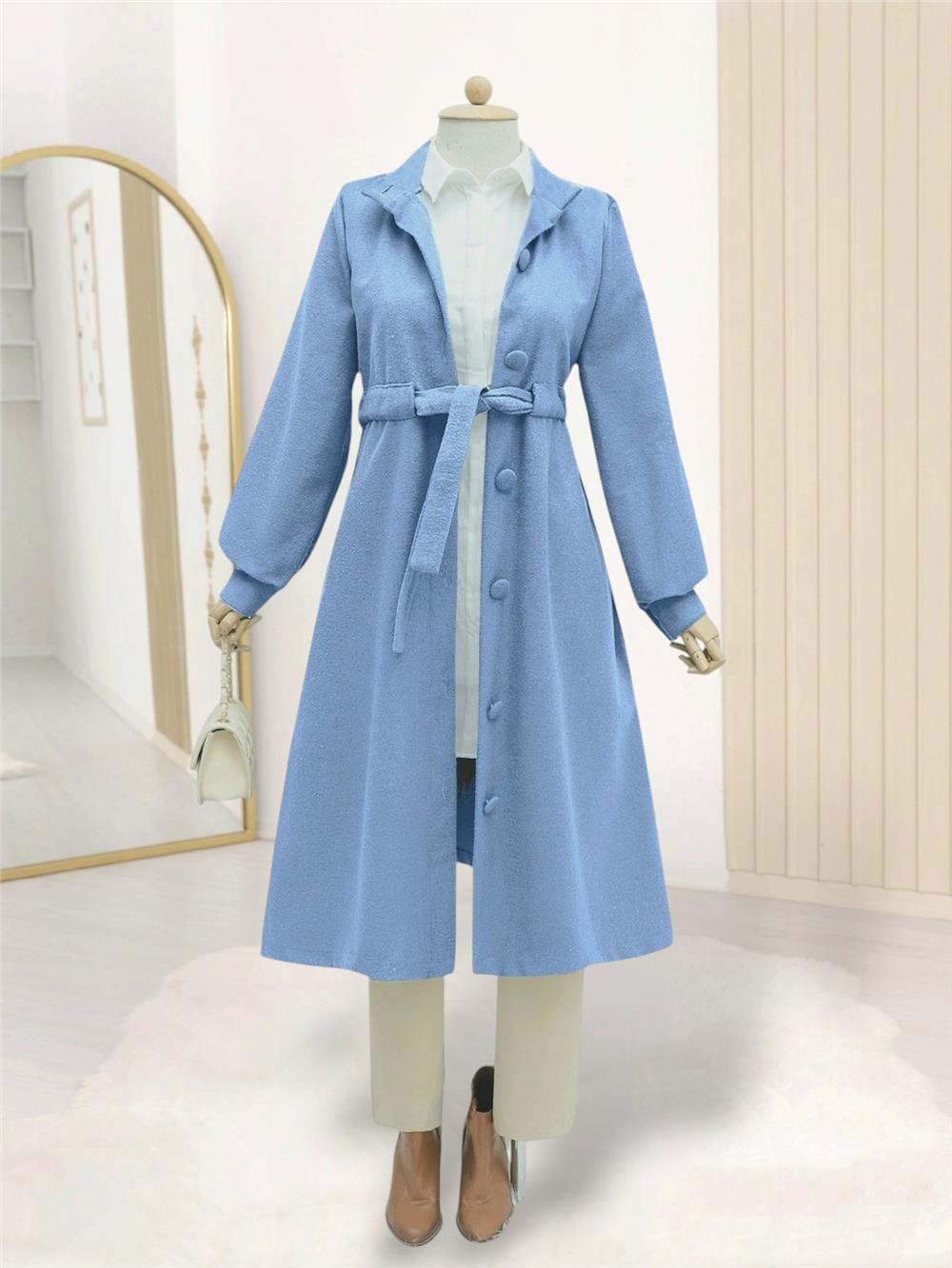 Belden Bağlamalı Top Düğmeli Kaşe Kaban -Mavi-346-3046-R31