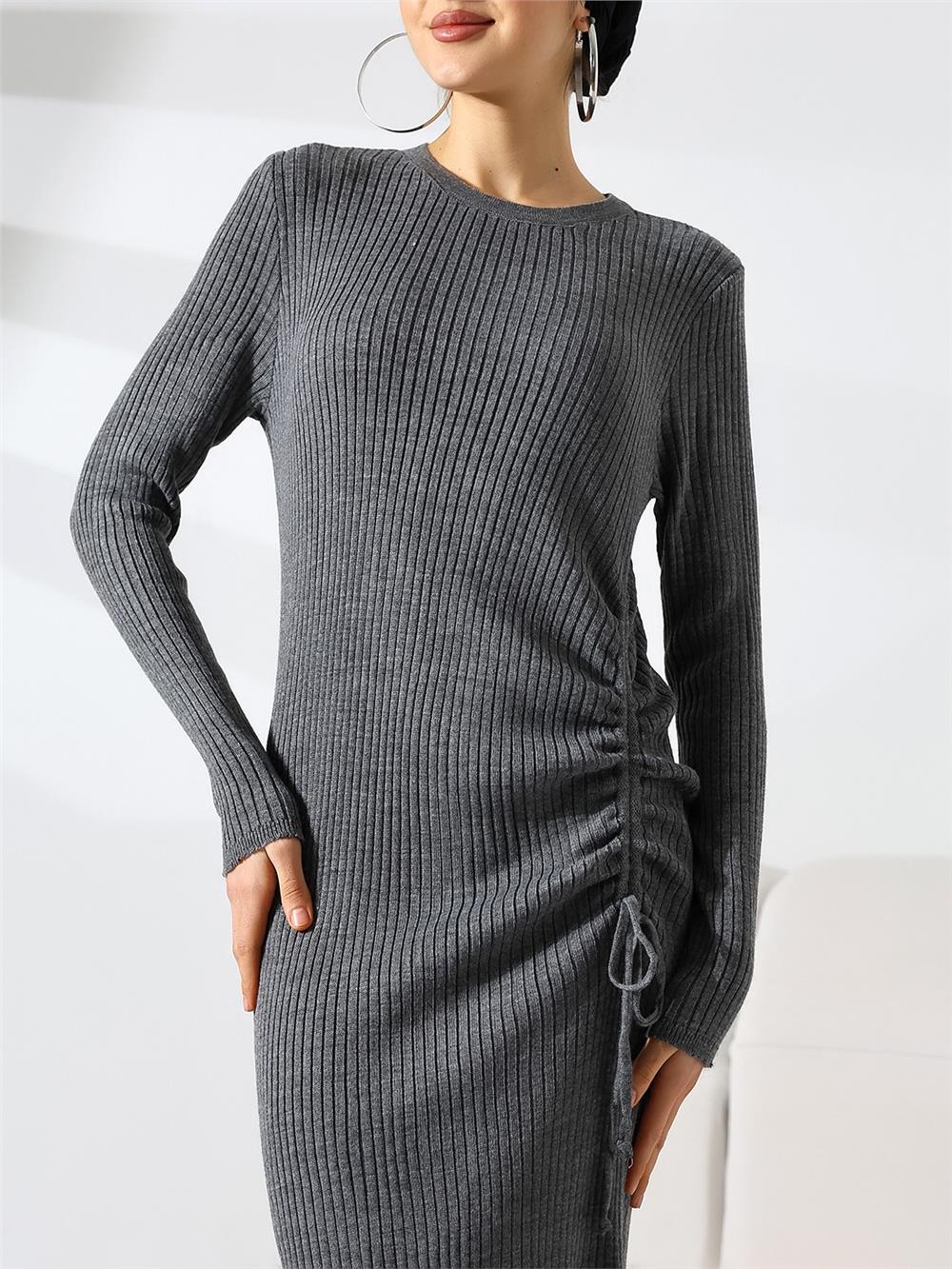Belden Büzgülü Balık Triko Elbise -Füme-346-14507-R18