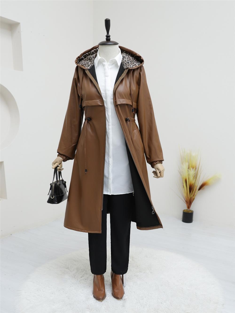Zippered Faux Leather Cap with Drawstring Pockets at the Waist -Tan-197-1270-R12