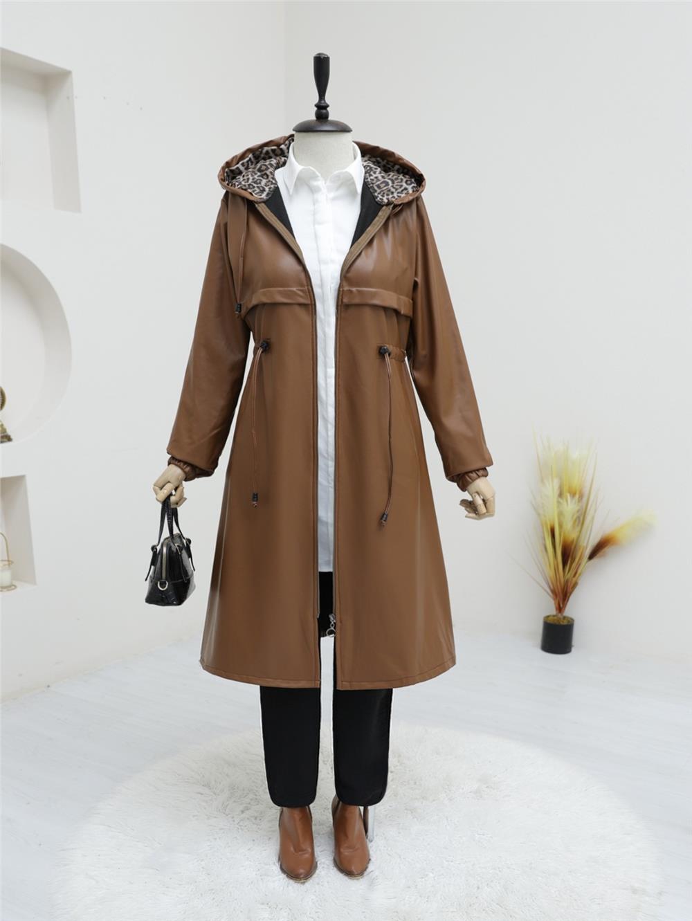 Zippered Faux Leather Cap with Drawstring Pockets at the Waist -Tan-197-1270-R12