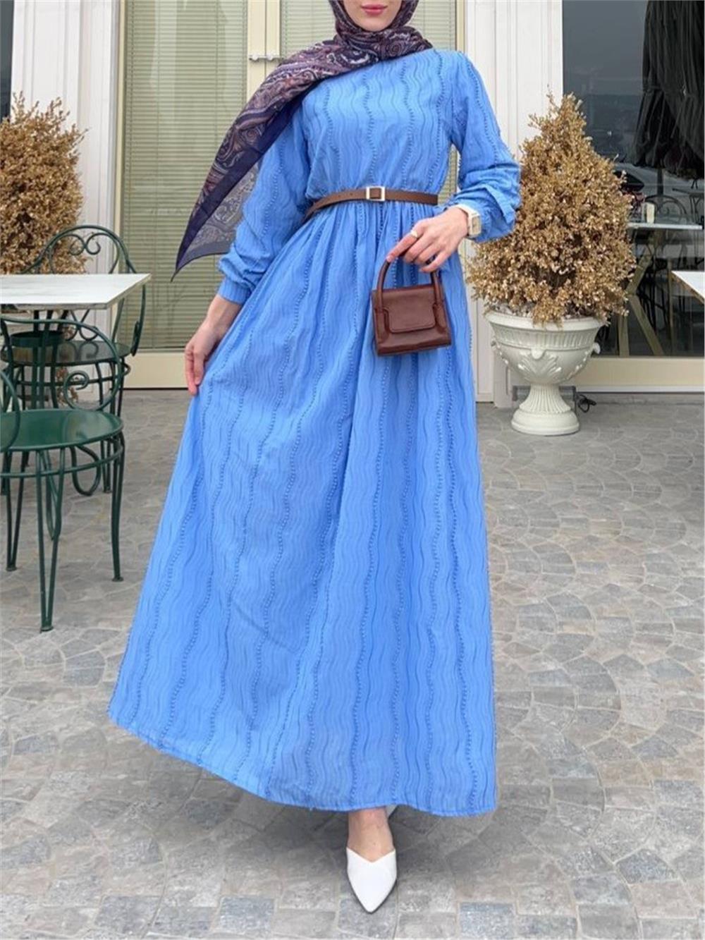 Belden lastikli Maşeti Bağcıklı Elbise -Mavi-144-1008-R31