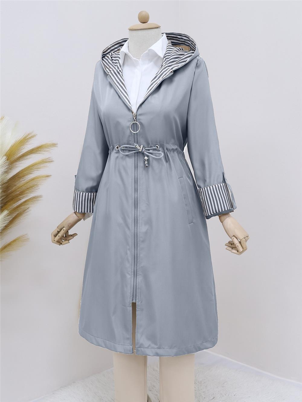 Quilted Lined Hooded Trench Coat - Gray-138-9091-R11