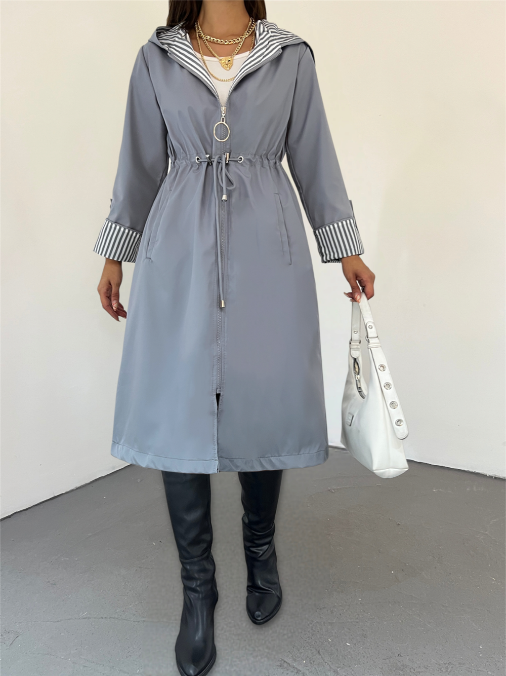 Quilted Lined Hooded Trench Coat - Gray-138-9091-R11