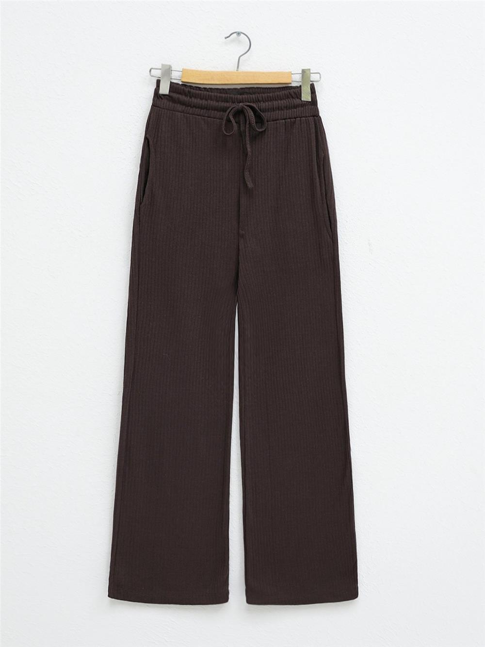 Waist Lace-Up Pocket Viscose Trousers - Brown-349-3011-R15