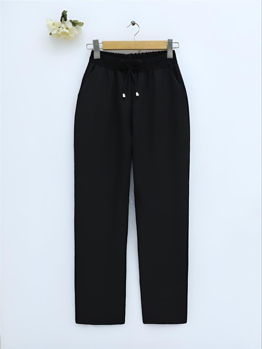 Slim Leg Trousers with Waist Lace - Black-400-1157-R01
