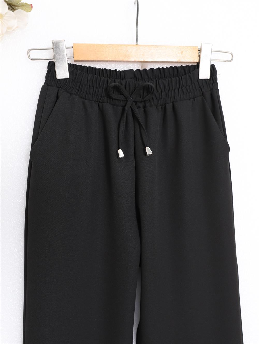 Slim Leg Trousers with Waist Lace - Black-400-1157-R01