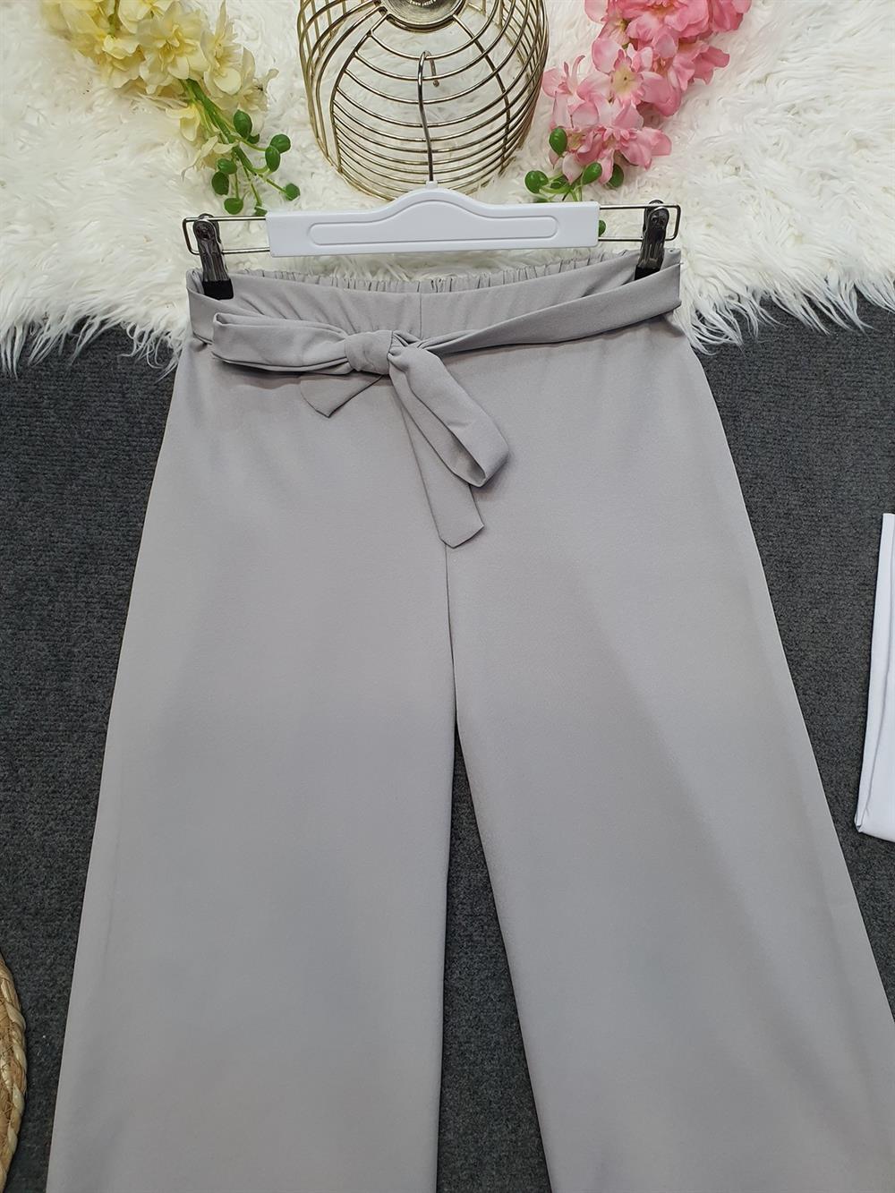 Beli Bağcıklı Double Bol Paça Pantolon     -Açık Gri
