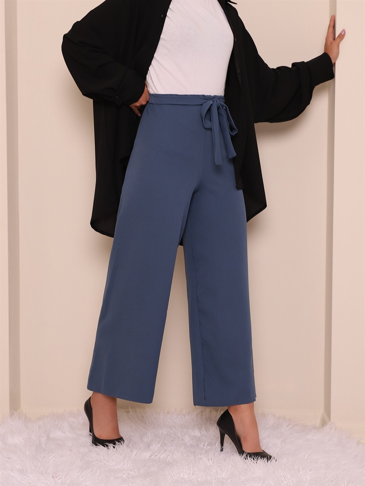 Beli Bağcıklı Double Bol Paça Pantolon   -İndigo