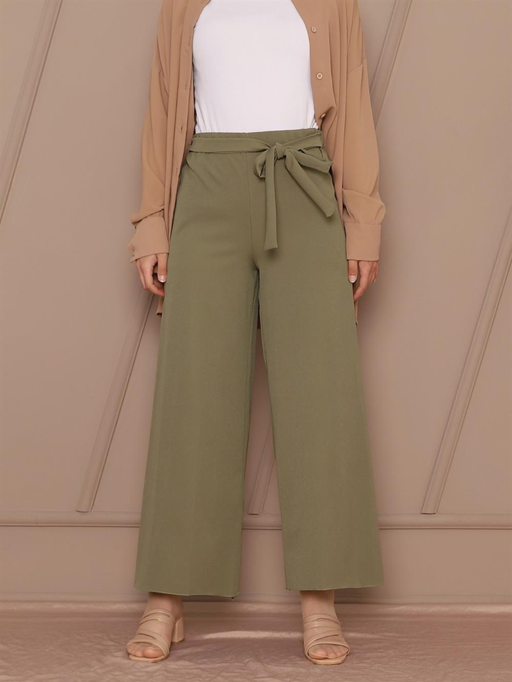 Beli Bağcıklı Double Bol Paça Pantolon    -Kamuflaj
