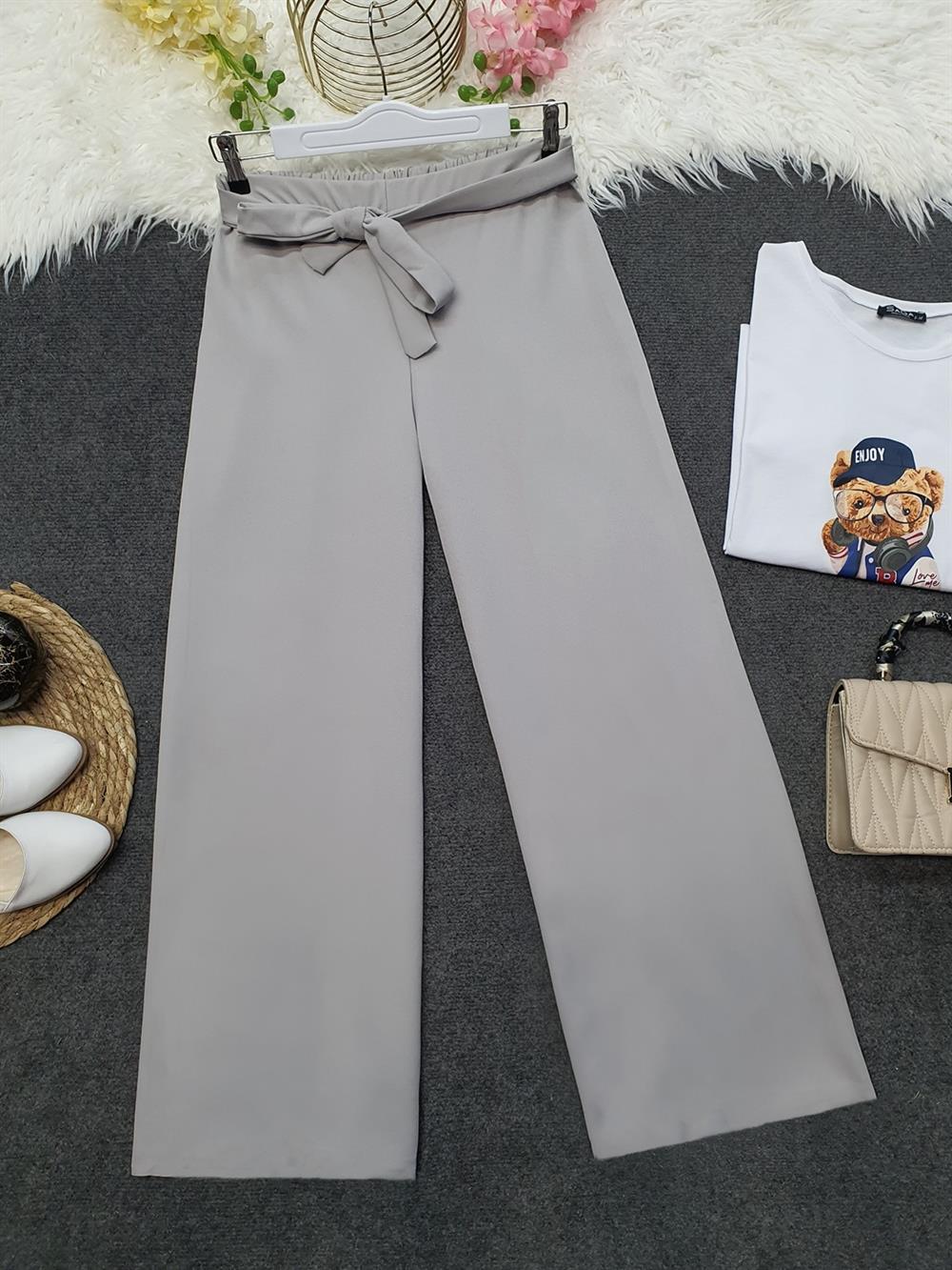 Beli Bağcıklı Double Bol Paça Pantolon     -Açık Gri