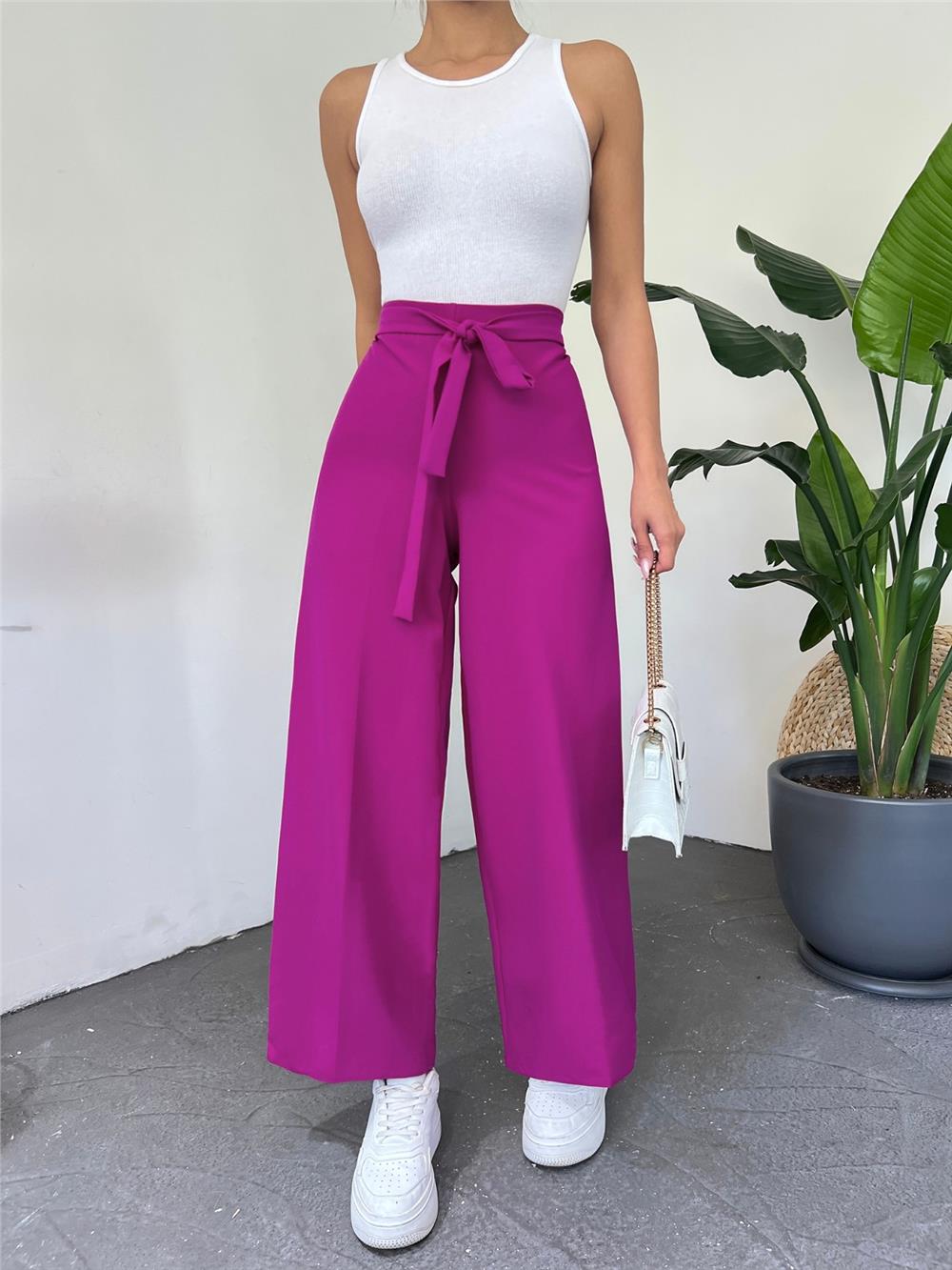 Tie Waist Double Wide Leg Trousers -Fuchsia-286-0760-R14