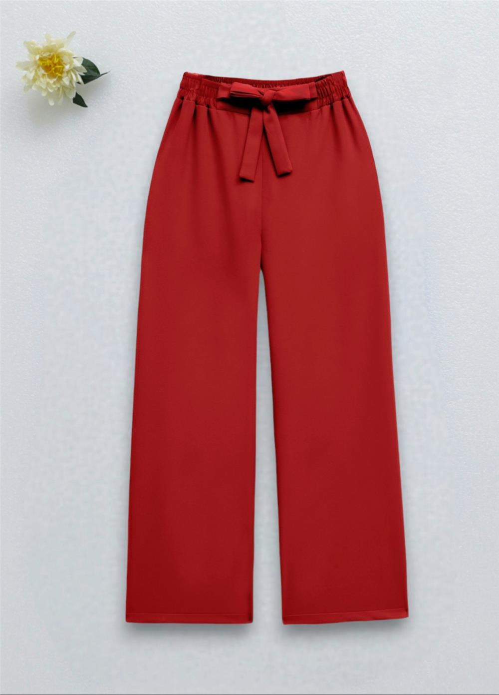 Tie Waist Double Wide Leg Trousers -Red-286-0760-R33